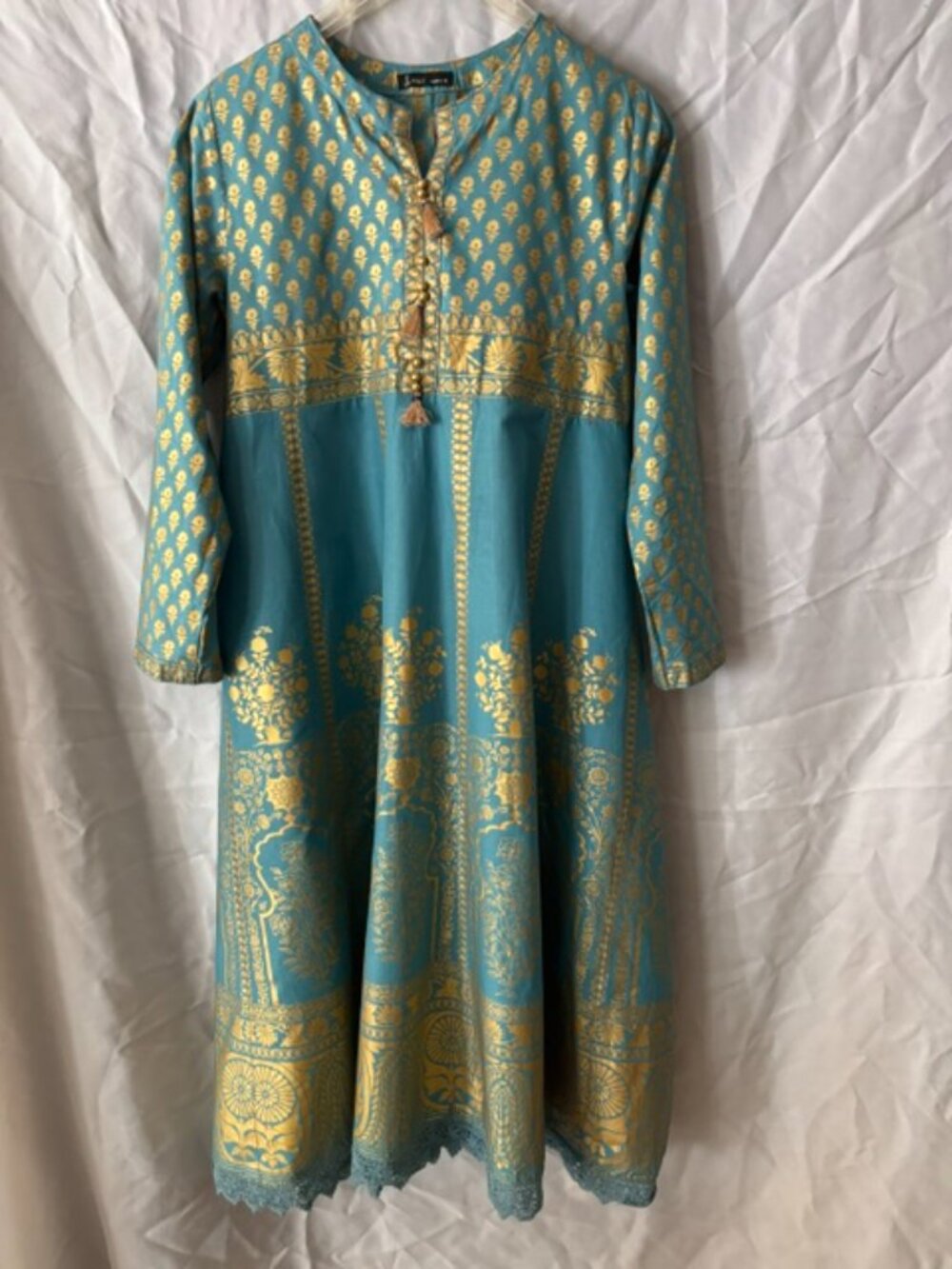 Junaid Jamshed J. Pret Teal gold block print crochet Kurta Tunic Dress Small 10